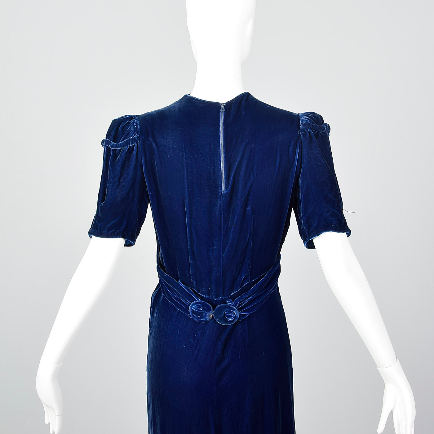 1940s Blue Silk Velvet Gown with Gathered Bust