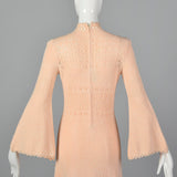 1970s Pink Knit Maxi Dress with Bell Sleeves