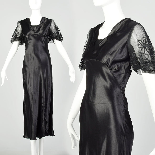 Small 1930s Black Silk Dress Bias Cut Mesh Short Sleeves