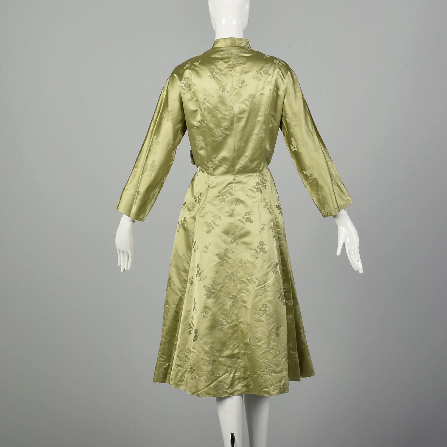 Medium 1960s Sage Green Asian Dress Hand Sewn Silk Frog Closures