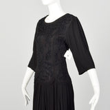 Medium 1990s Dress Black Beaded Crepe Quarter-Sleeve LBD