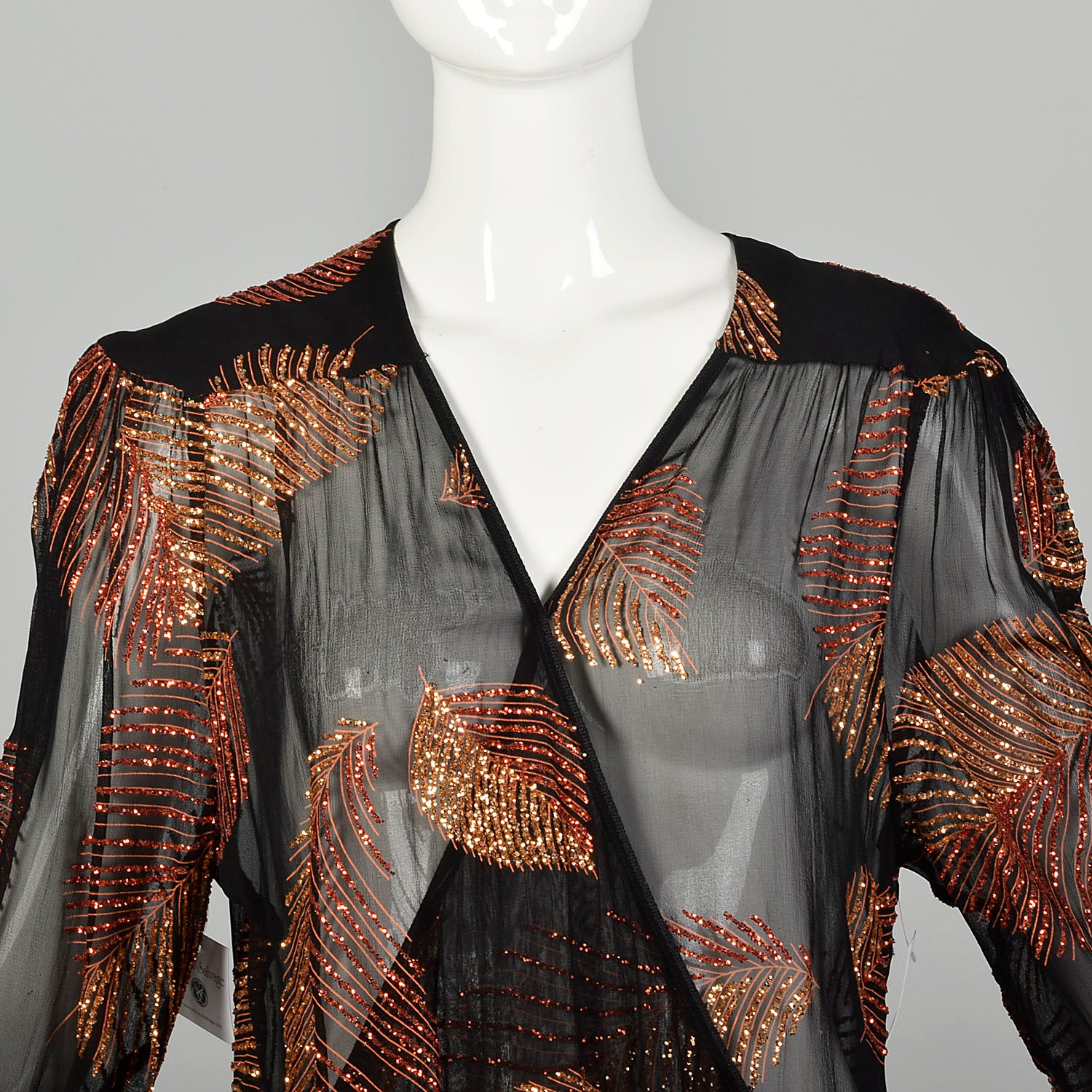 Medium 1980s Two Piece Wrap Dress Black Sheer Glitter