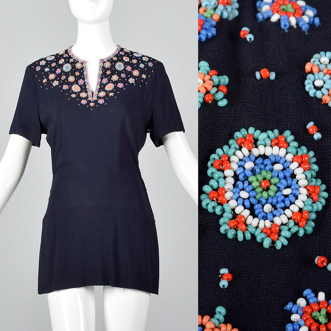 1940s Navy Peplum Top with Beaded Neckline
