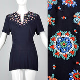 1940s Navy Peplum Top with Beaded Neckline