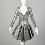 XS 1980s Silver Sequin Party Dress Bow Drop Waist Long Sleeve