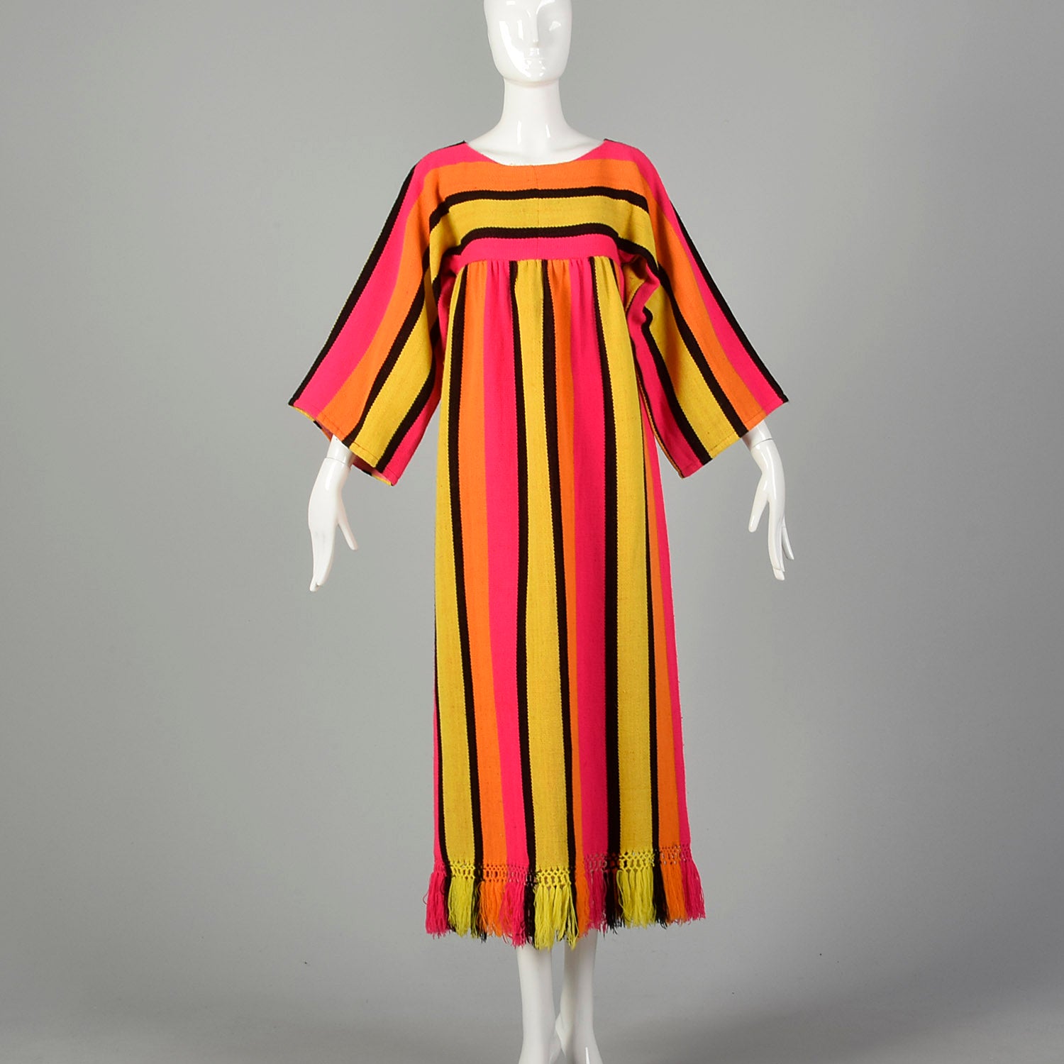 XXS 1970s Dress Long Sleeve Maxi Fringe Hem Hot Pink Bold Stripes