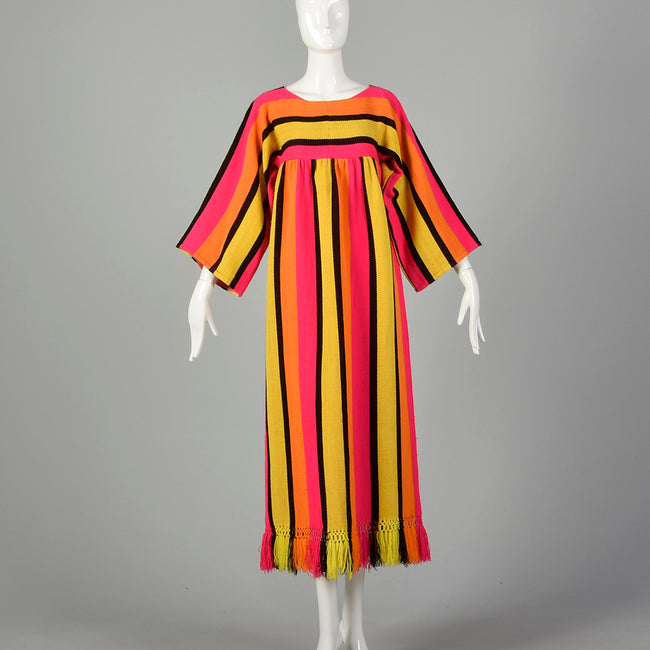 XXS 1970s Dress Long Sleeve Maxi Fringe Hem Hot Pink Bold Stripes