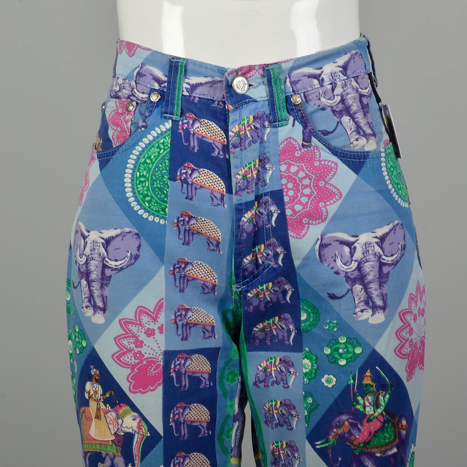 Small 1990s Versace Pants Couture Designer Purple Elephant Print Skinny Jeans Vintage