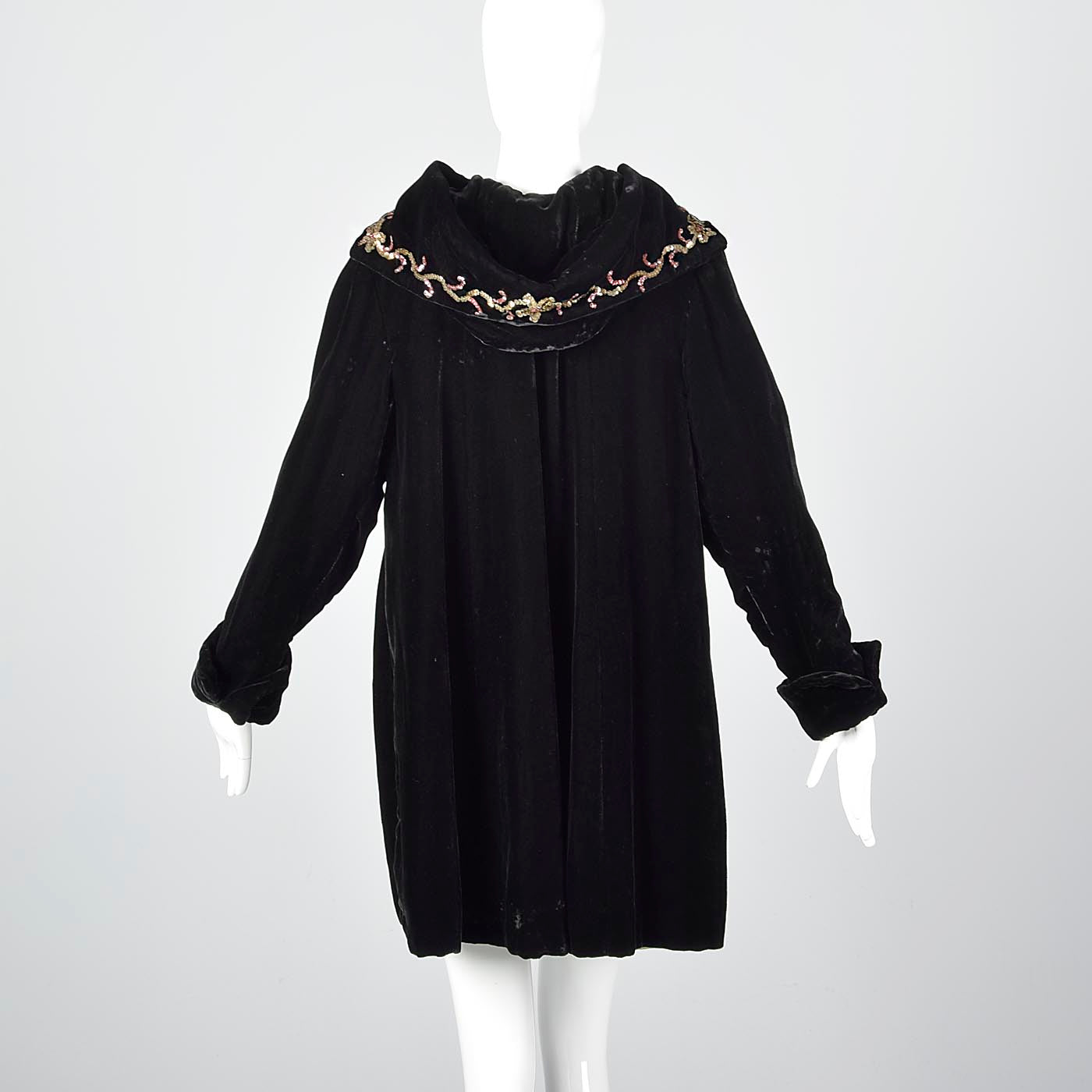1940s Black Velvet Coat with Sequin Hood