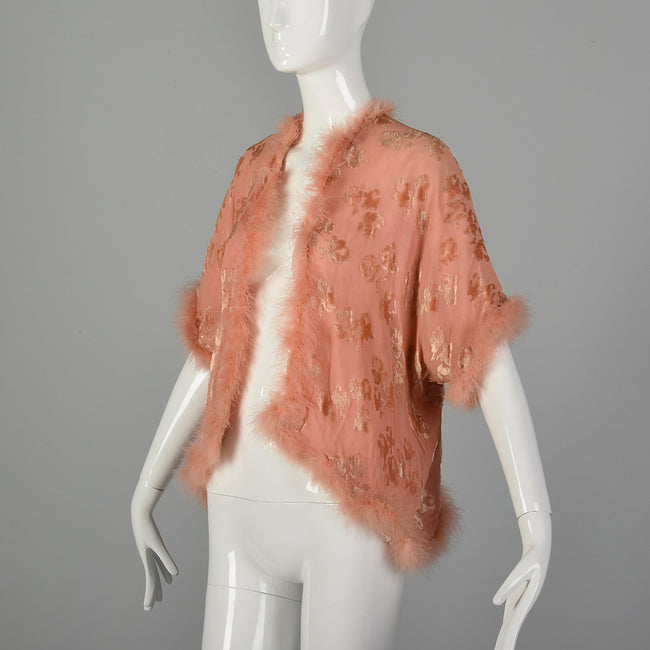 OSFM 1920s Pink Silk Devoré  Marabou Feather Trim Bed Jacket