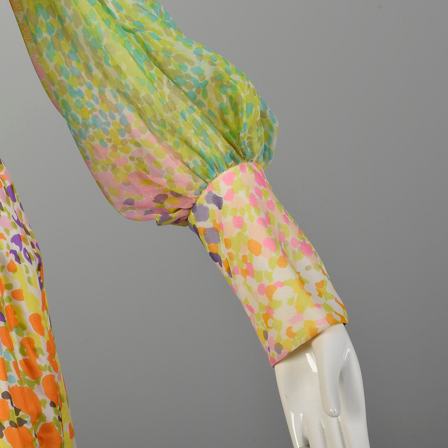 Medium 1970s Victor Costa Maxi Dress Set Abstract Boho Floral Print Long Sleeve Pussy Bow Embellished Bohemian Vest