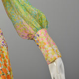 Medium 1970s Victor Costa Maxi Dress Set Abstract Boho Floral Print Long Sleeve Pussy Bow Embellished Bohemian Vest