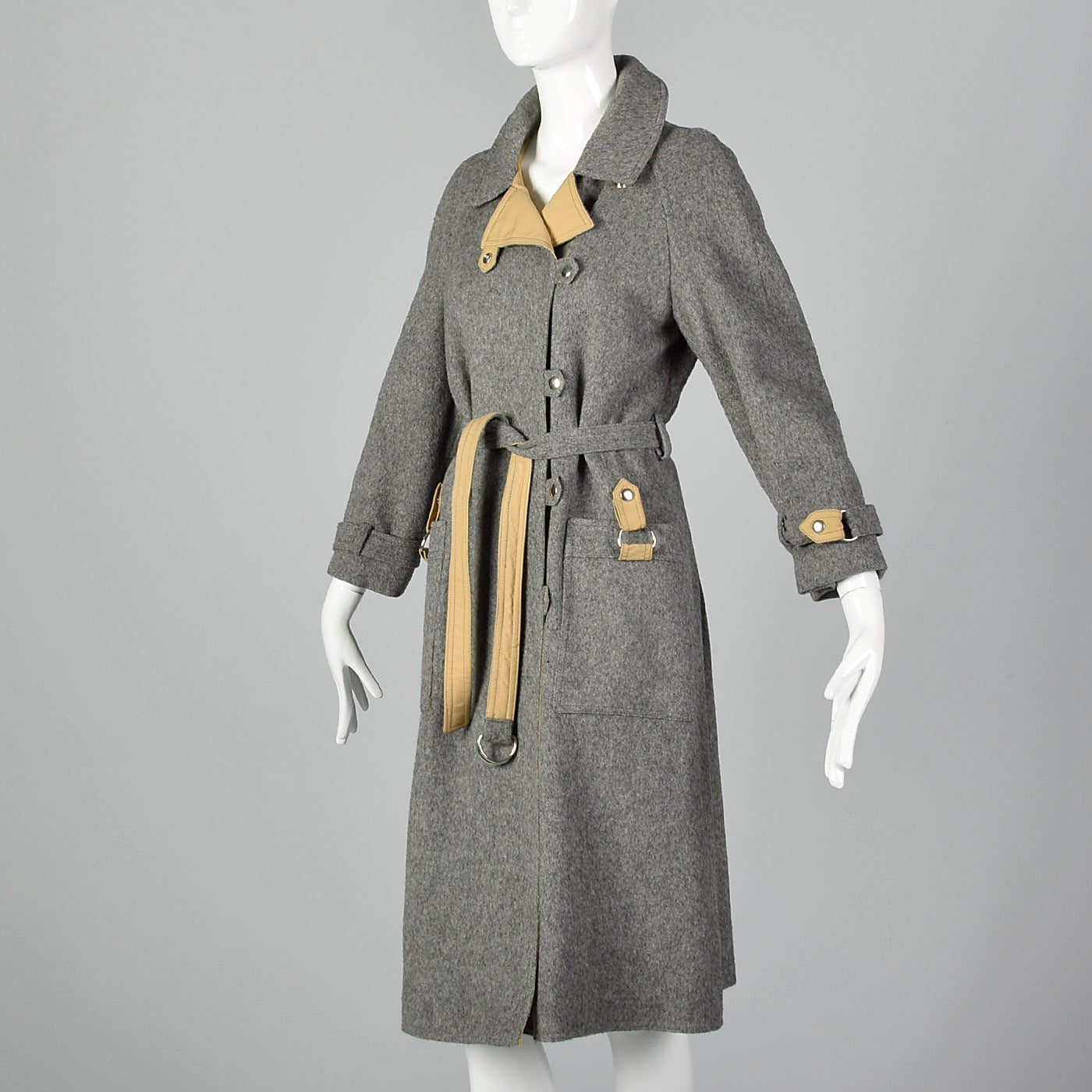 1970s Wool and Canvas Trench Coat with Snap Closures