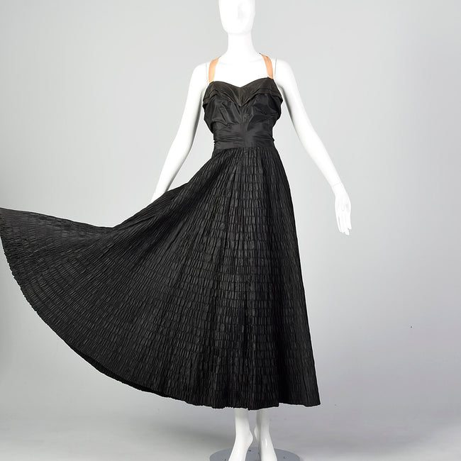 XL 1940s Black Silk Taffeta Gown