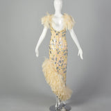 XS 1980s Sequin Formal Gown with Feather Trim