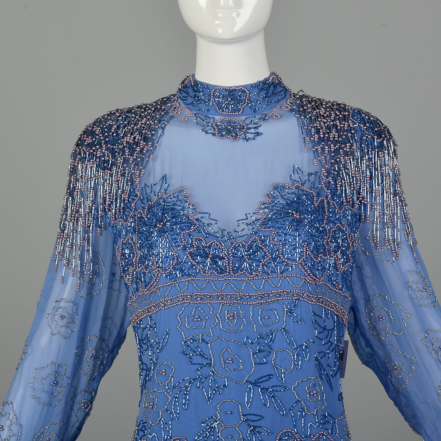 1980s Blue Silk Evening Gown Beaded Formal Dress Modest Drop Waist