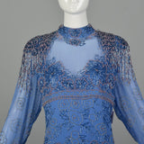 1980s Blue Silk Evening Gown Beaded Formal Dress Modest Drop Waist