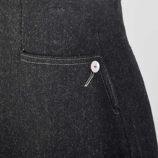 Small 1960s Mod Gray Wool Midi Skirt High Waist A Line Topstitch with Pockets
