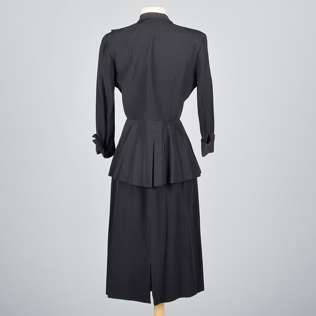 1940s Black Rayon Skirt Suit with Faille Trim