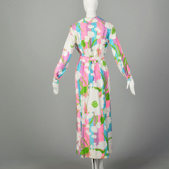 Large 1970s Colorful Maxi Dress White Floral Bright Belt Long Sleeve