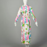 Large 1970s Colorful Maxi Dress White Floral Bright Belt Long Sleeve