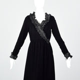 1970s Yves Saint Laurent Rive Gauche Black Velvet Dress with Ruffle Trim