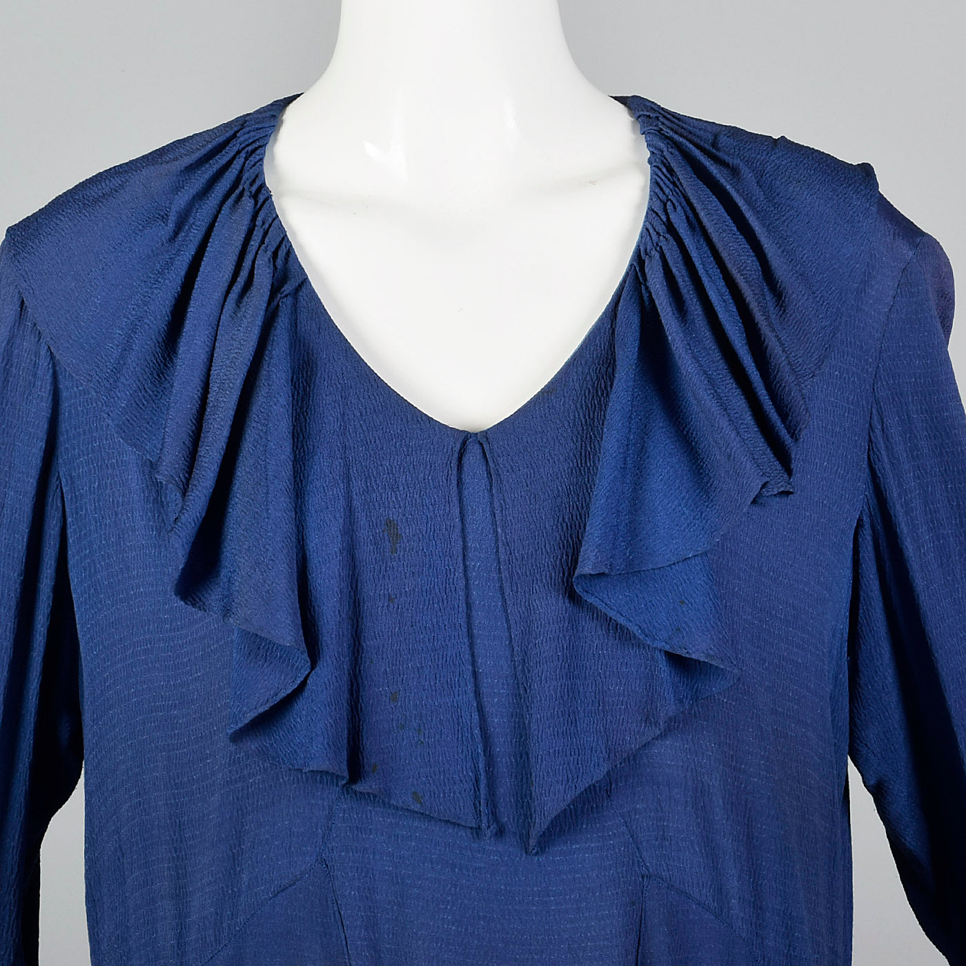 1930s Blue Dress with Ruffle Neckline