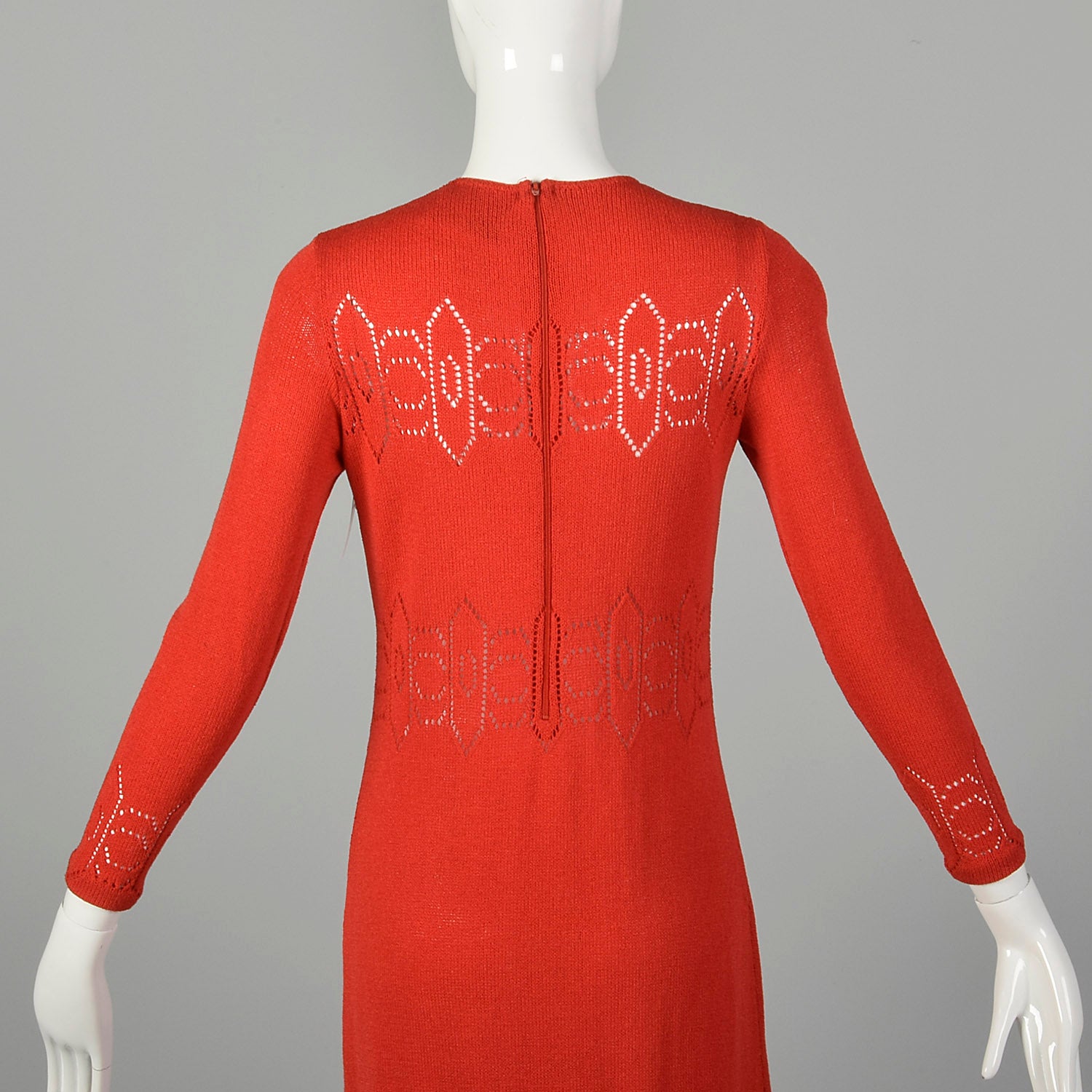 Small 1970s Dress Pat Sandler Red Knit Maxi Long Sleeve Sheer Decorative Details Knit