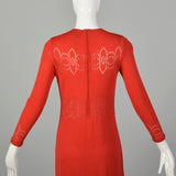 Small 1970s Dress Pat Sandler Red Knit Maxi Long Sleeve Sheer Decorative Details Knit