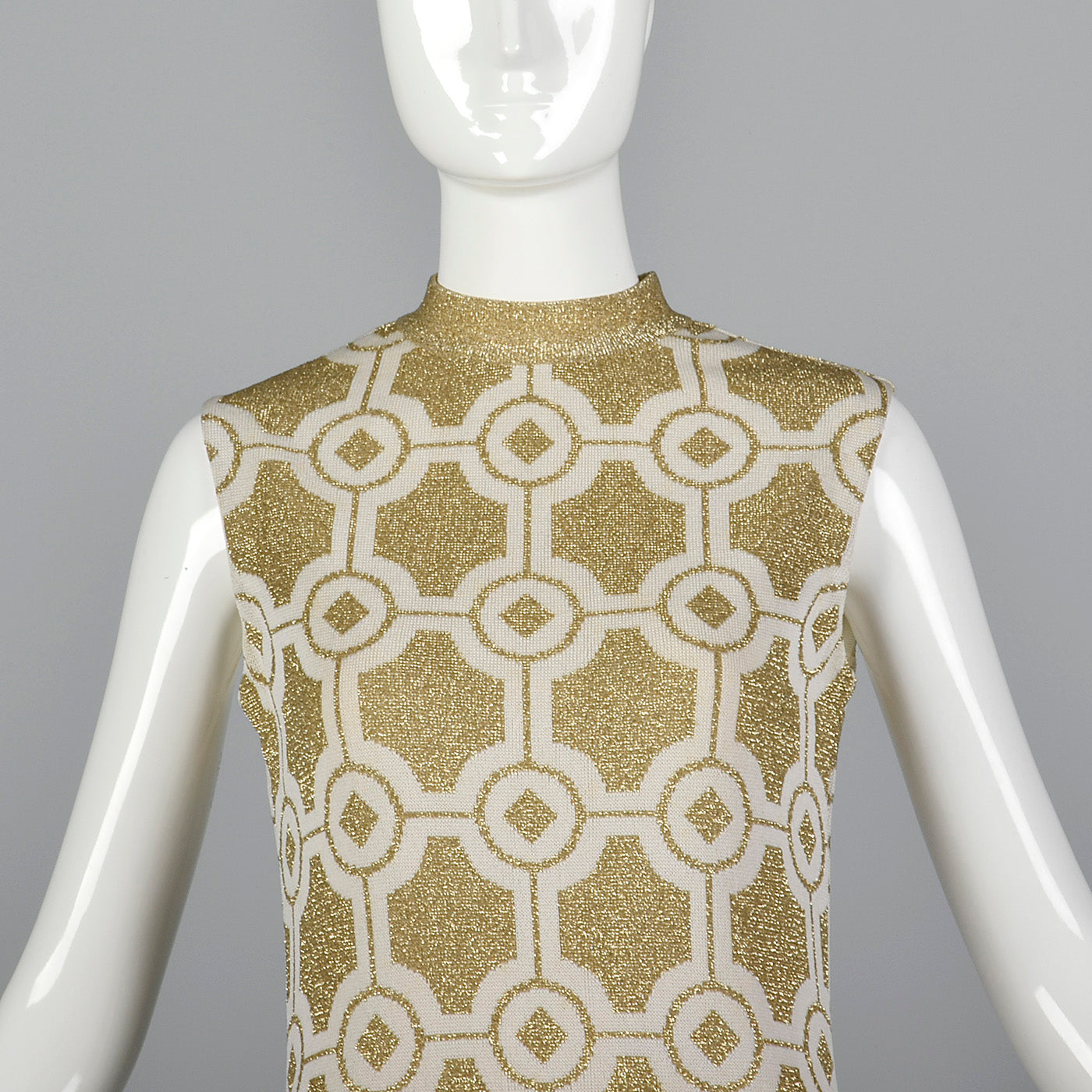 Incredible 1960s Balmain Les Tricots Geometric Gold Knit Maxi Dress