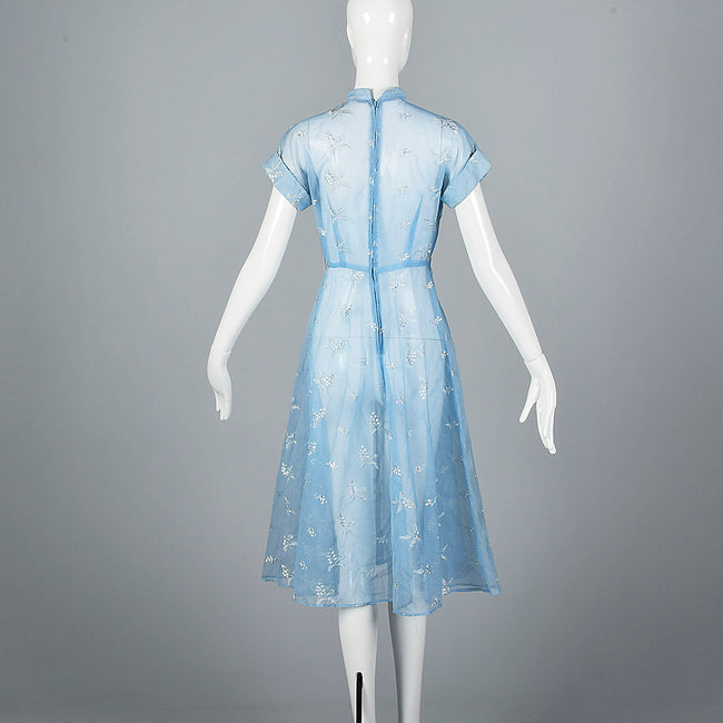 1950s Sheer Blue Fit and Flare Dress