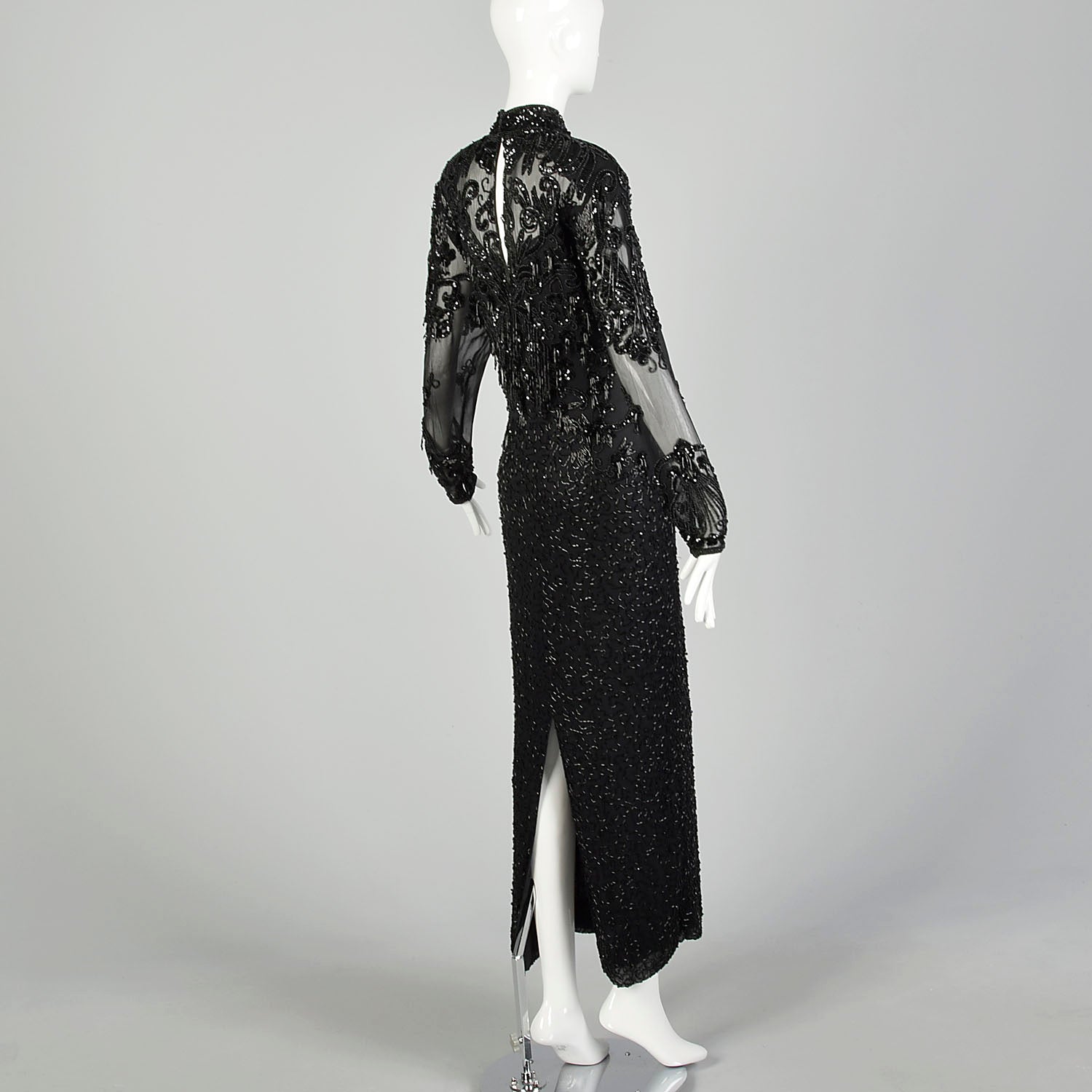 Medium D'ore Dress 1980s Silk Sexy Black Beaded Sheer Long Sleeve