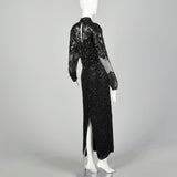 Medium D'ore Dress 1980s Silk Sexy Black Beaded Sheer Long Sleeve