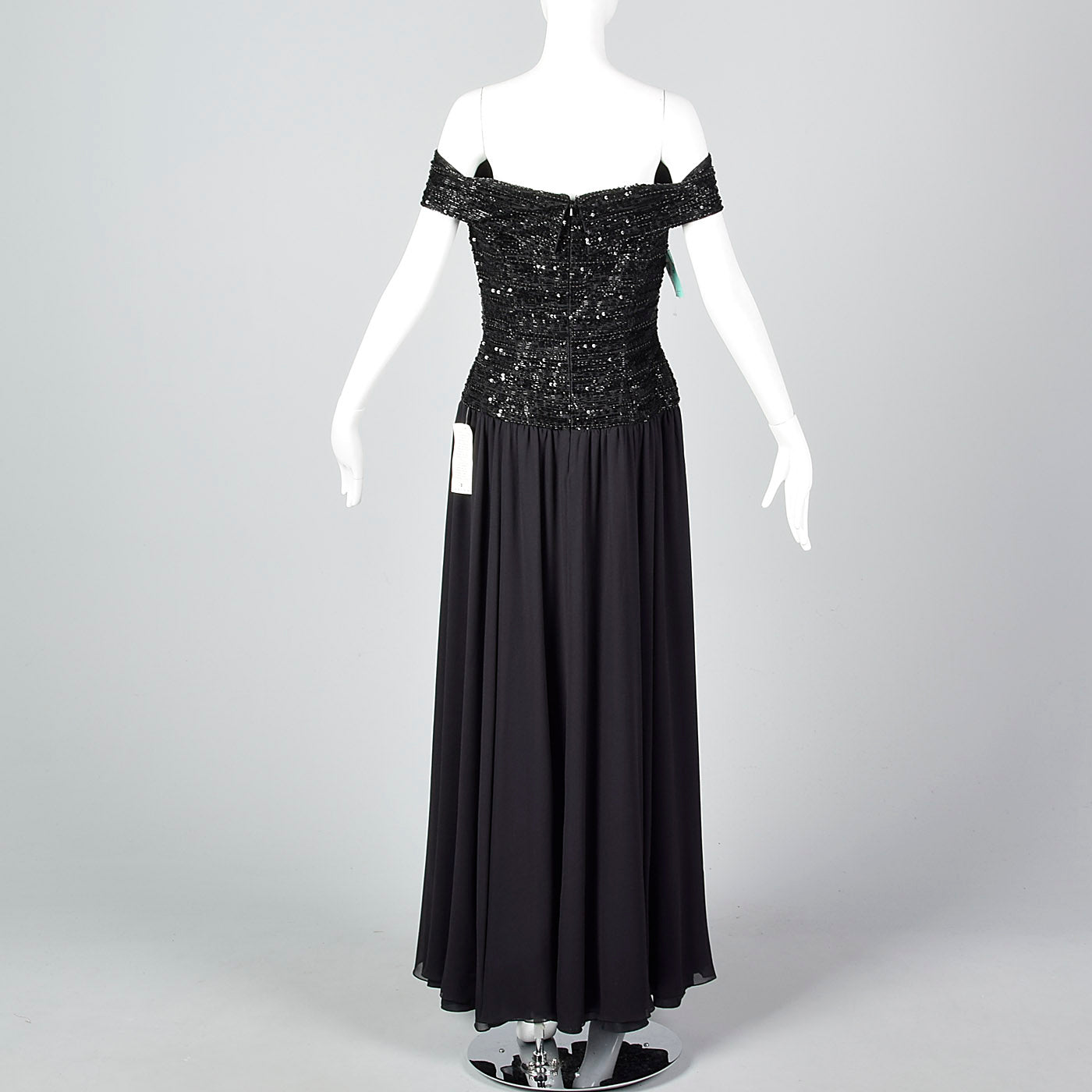 Off Shoulder Oleg Cassini Black Tie Formal Gown with Beaded Bodice and Full Skirt