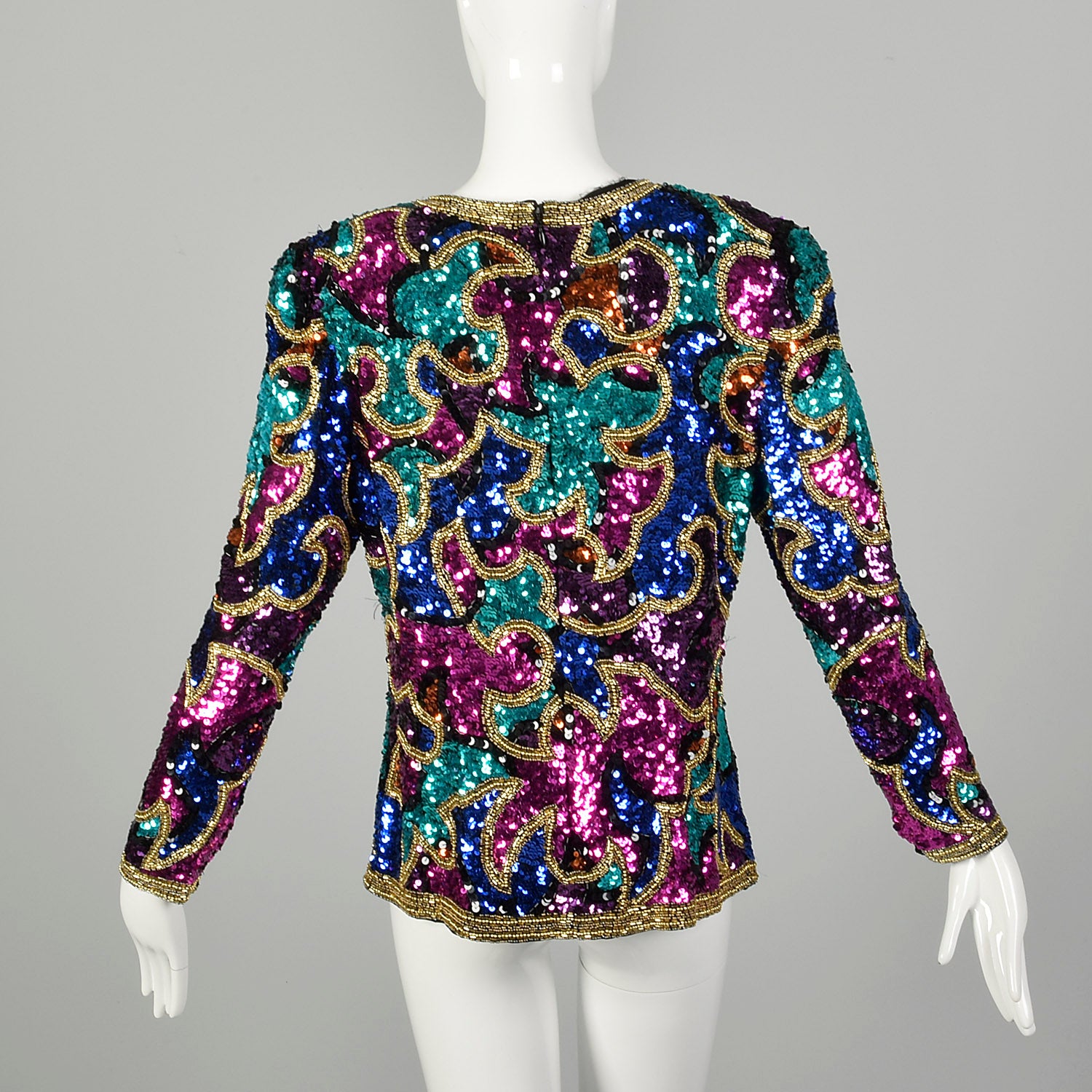 Medium 1990s Oleg Cassini Shirt Multicolored Sequin Formal Long Sleeve Eveningwear