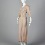 1940s Tan Crepe Dress with Gathered Bodice