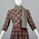 1950s Gray and Burgundy Wool Dress with Matching Scarf