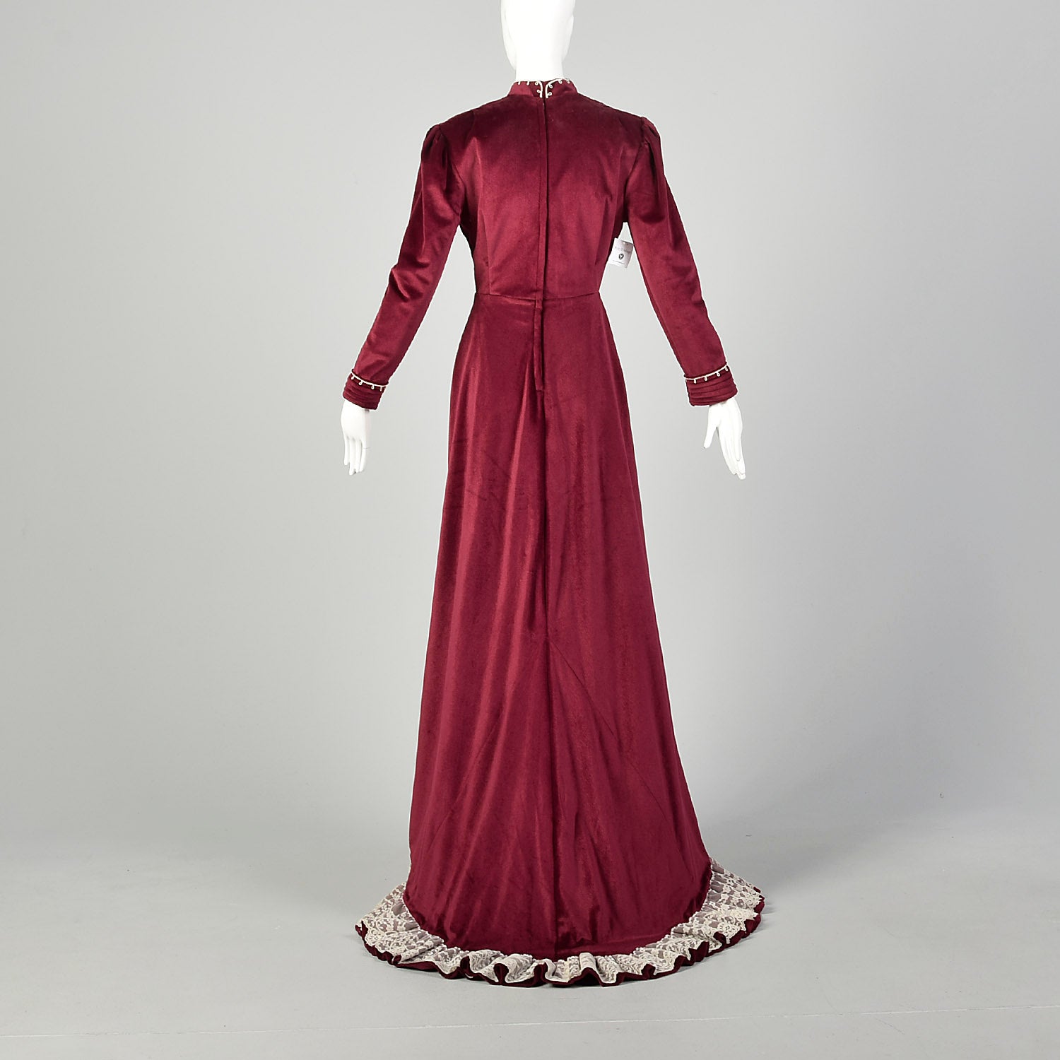 1970s Prairie Cottagecore Dress Train Burgundy Velvet Gown Medieval Princess Wedding Dress