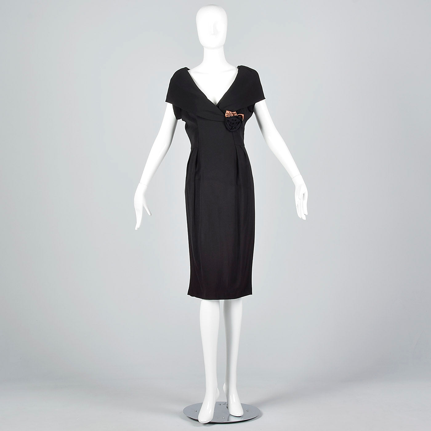 1950s Black Dress with Shawl Collar and Low Cut Front