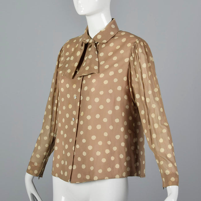 Medium 1970s Pauline Trigere Tan Polka Dot Blouse