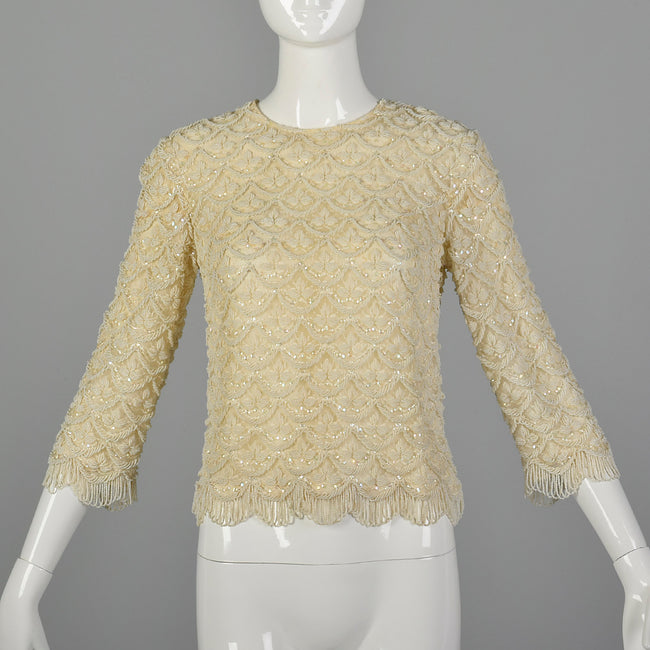 XXS 1960s Ivory Beaded Blouse