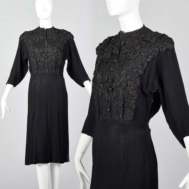 1940s Black Dress with Three Dimensional Applique and Soutache