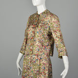 XS 1960s Silk Skirt Suit with Garden Theme Print