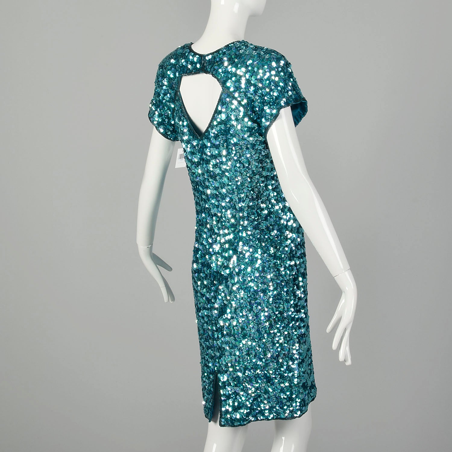 Small Sequin Cocktail Party Dress Teal Blue Short Sleeve Key Hole Bust