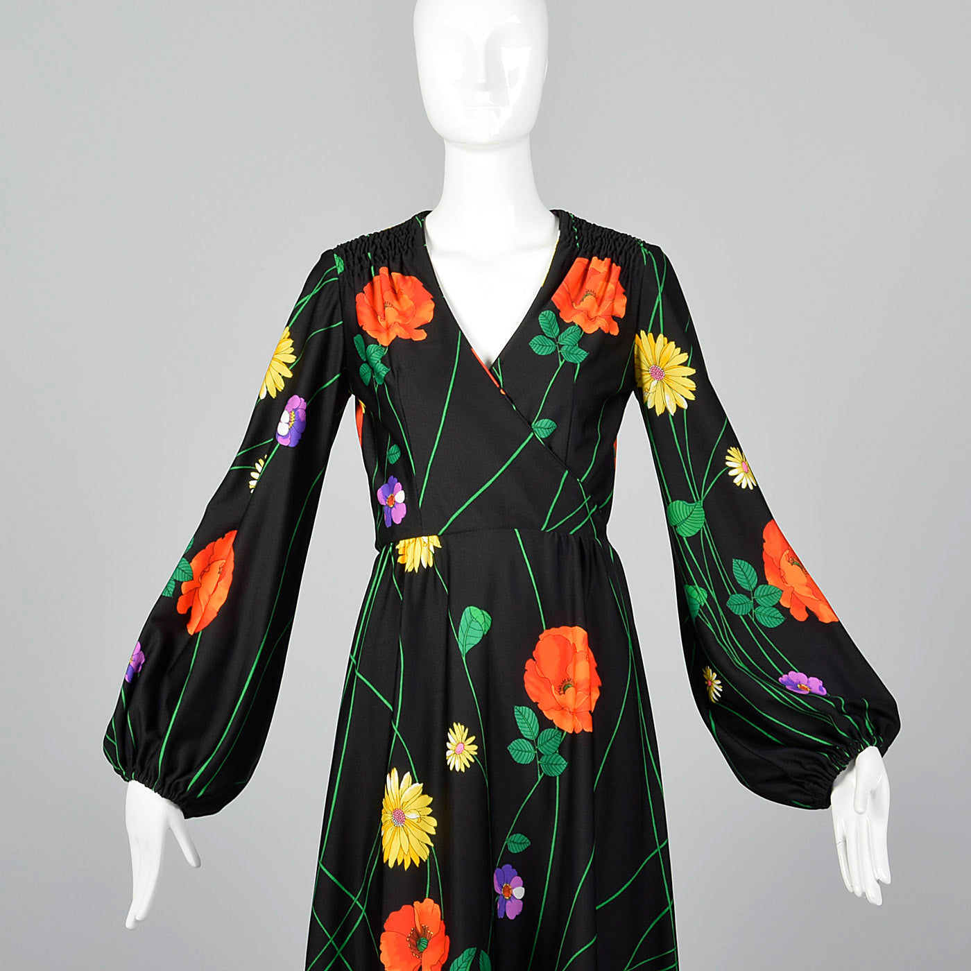 1970s Black Floral Midi Dress with Bishop Sleeves