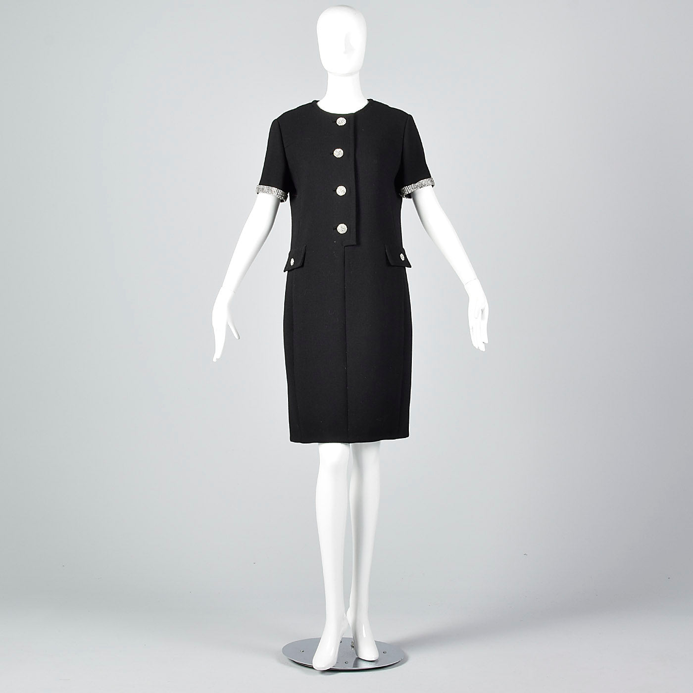 1960s Black Wool Dress with Rhinestone Trim