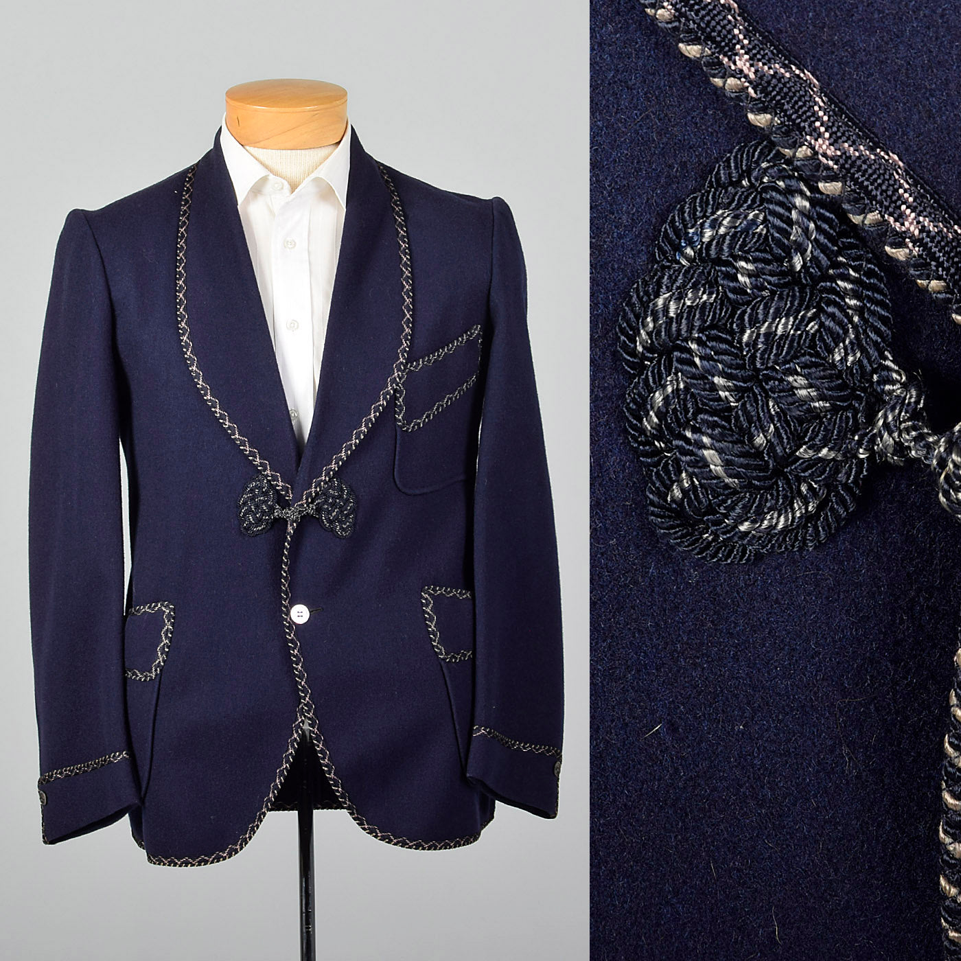 1950s Navy Blue Smoking Jacket with Braided Trim