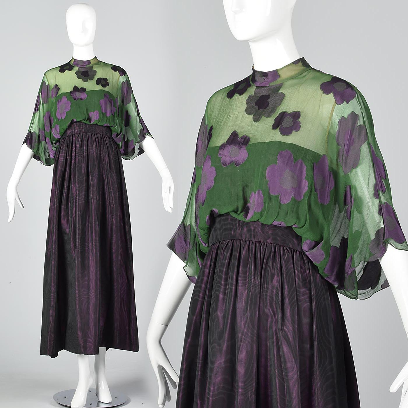 1970s Alfred Bosand Green Silk & Plum Purple Evening Gown