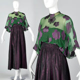 1970s Alfred Bosand Green Silk & Plum Purple Evening Gown