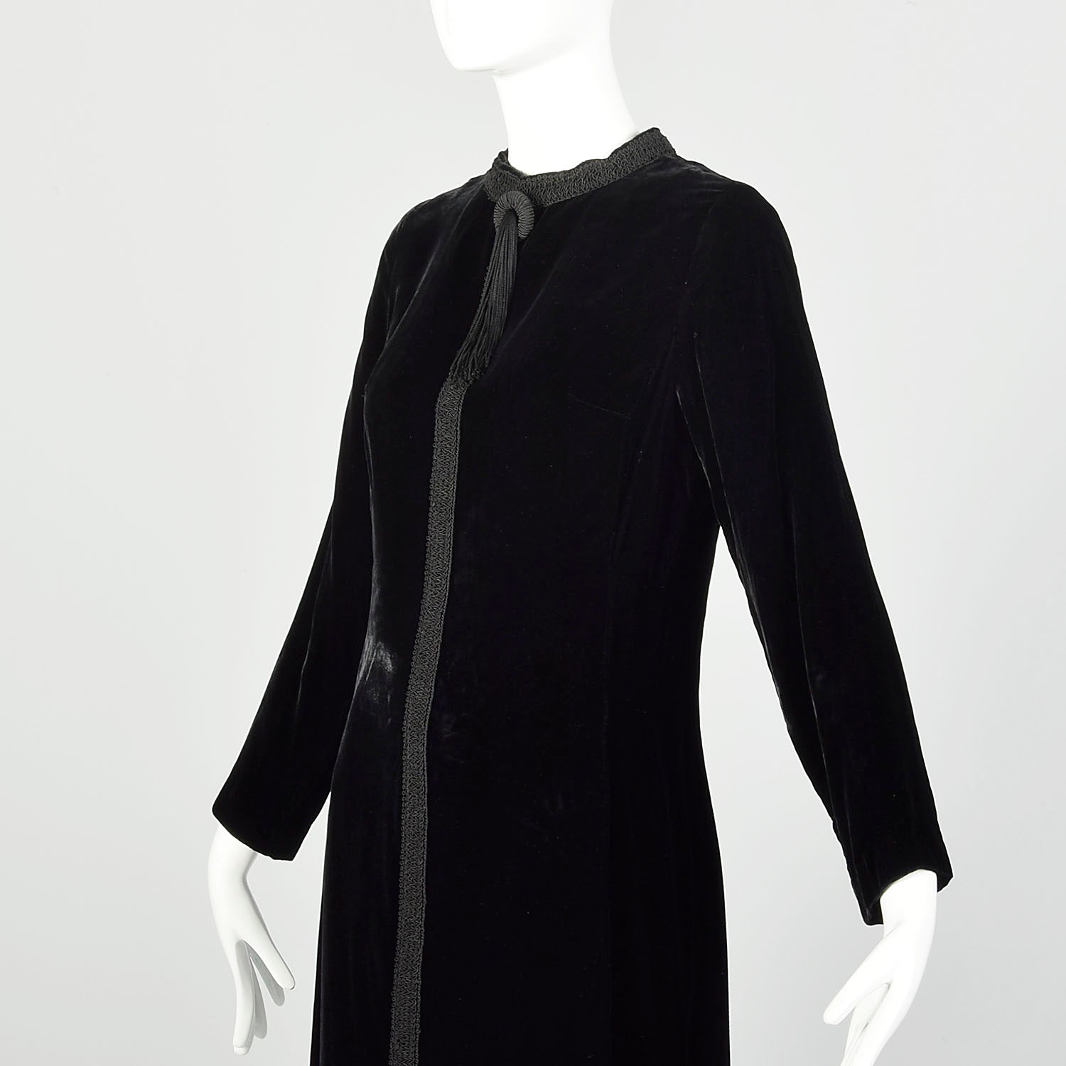 Small 1960s Dress Black Velvet Long Sleeve Above-the-Knee Tassel Details